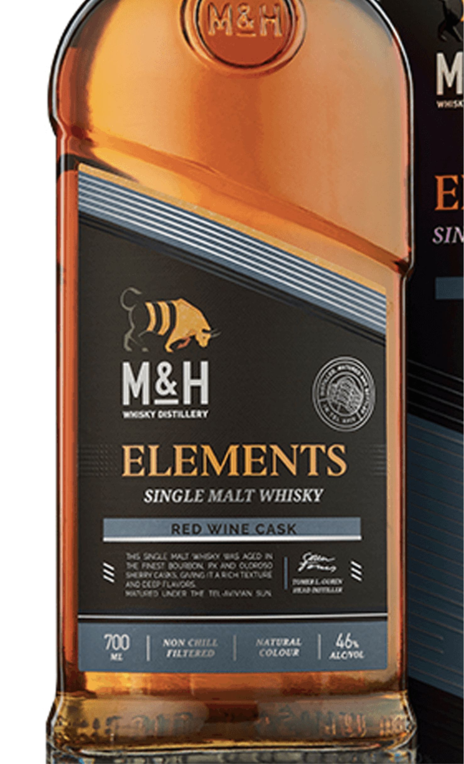 Этикетка Виски односолодовый Эм энд Эйч Элементс Ред Вайн "M & H Elements Red Win в подарочной коробке креп 46%, емк 0,7л