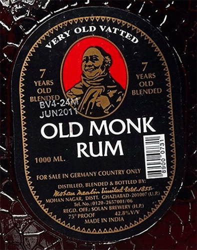 Этикетка Ром выдержанный "OLD MONK" ("ОЛД МОНК"), выдержка 7 лет креп 42,8%, емк 1л