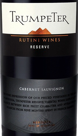 Этикетка Каберне Совиньон. Резерв. Мендоза. Трумпетер. Рутини Вайнз  2019г сухое красное 0,75 л