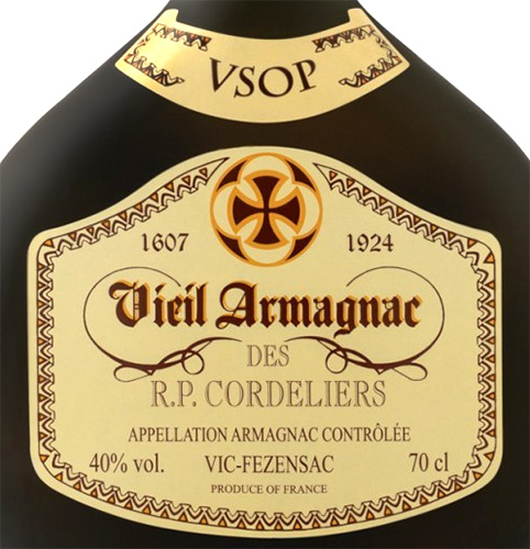 Этикетка Арманьяк "Вьей Арманьяк де Р.П. Корделье ВСОП" (Vieil Armagnac des R.P. Cordeliers VSOP), креп 40%, емк 0,7л
