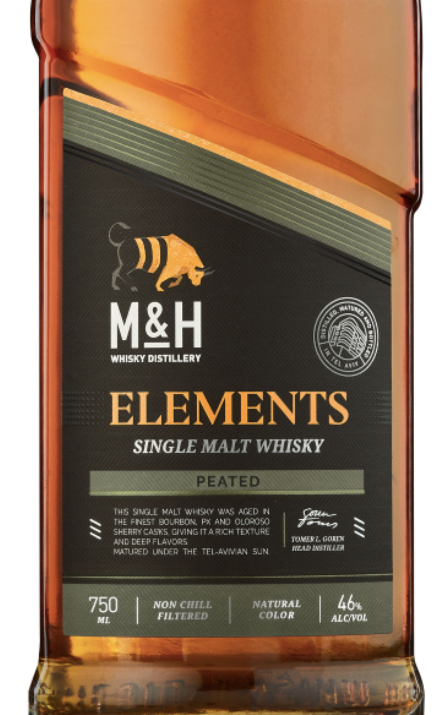 Этикетка Виски односолодовый Эм энд Эйч Элементс Питед "M&H Elements Peated"  в подарочной коробке креп 46%, емк 0,7л