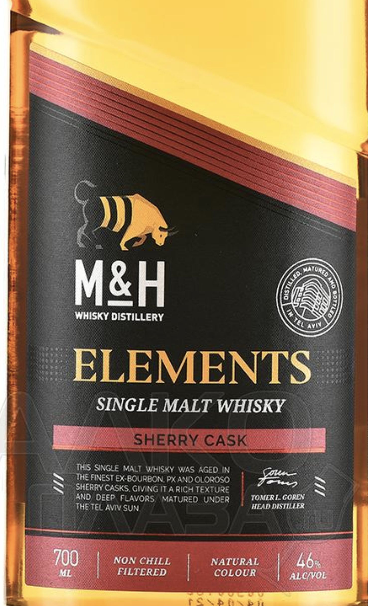 Этикетка Виски односолодовый Эм энд Эйч Элементс Шерри "M & H Elements Sherry"  в подарочной коробке креп 46%, емк 0,7л