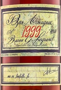 Этикетка Бренди Барон Г. Легран Ба Арманьяк 1999 креп 40%, емк 0,7л п/у дерево