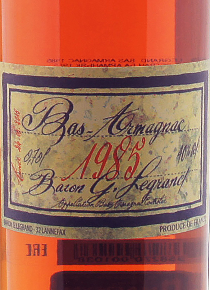 Этикетка Арманьяк Барон Г. Легран Ба Арманьяк 1985, 0.7 л