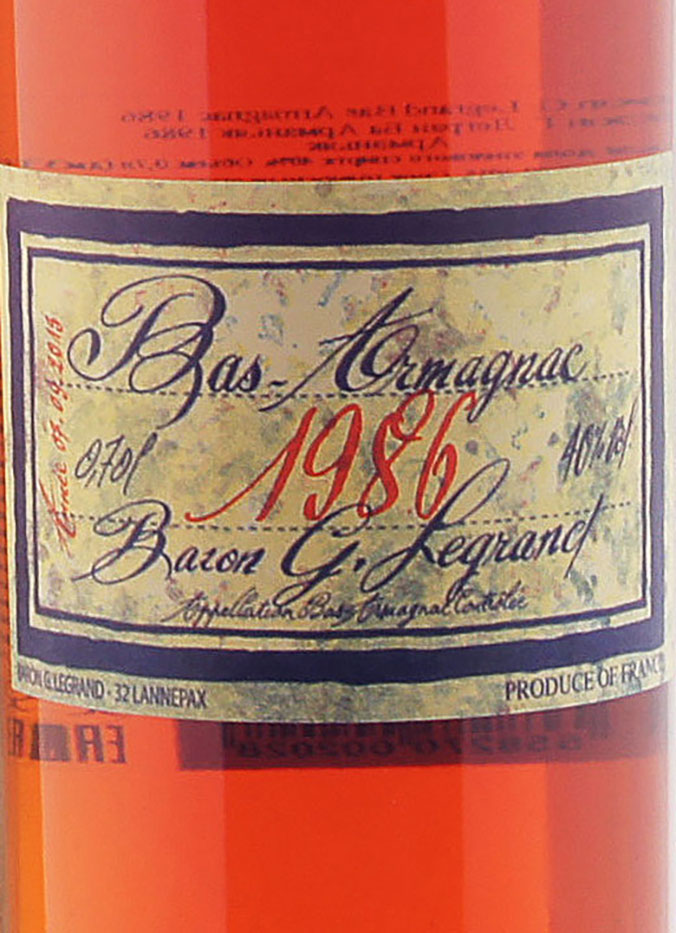 Этикетка Арманьяк Барон Г. Легран Ба Арманьяк 1986, 0.7 л