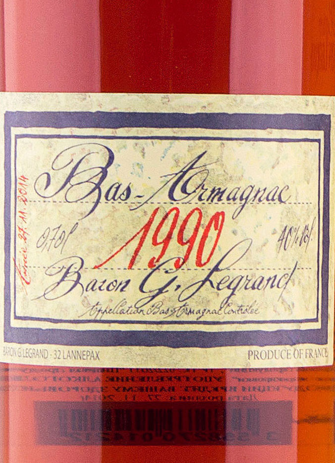 Этикетка Арманьяк Барон Г. Легран Ба Арманьяк 1990, 0.7 л