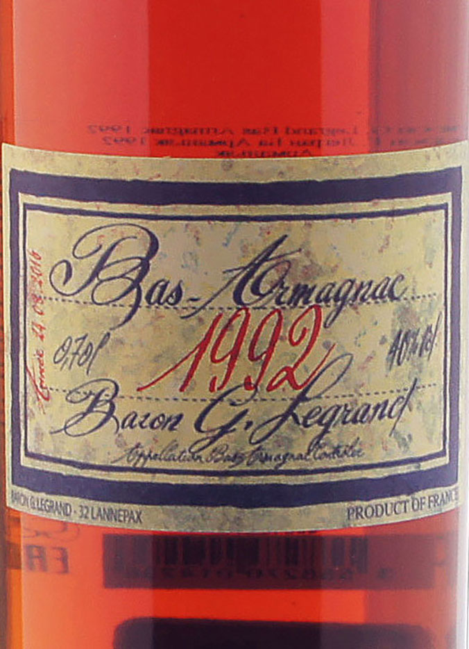 Этикетка Арманьяк Барон Г. Легран Ба Арманьяк 1992, 0.7 л