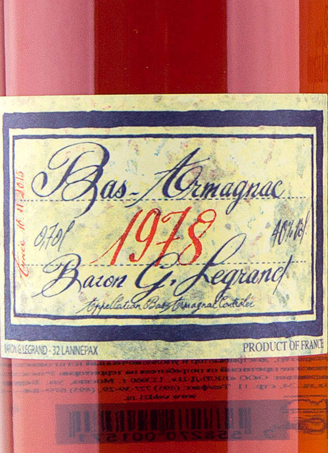 Этикетка Арманьяк Барон Г. Легран Ба Арманьяк 1978, 0.7 л