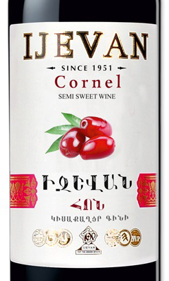 Этикетка Алкогольная продукция плодовая полусладкая "CORNEL" ("Кизил"), товарный знак "IJEVAN",  креп 12%, емк 0,75л