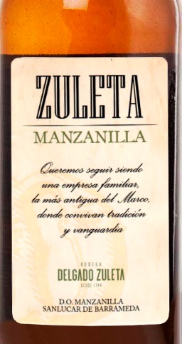 Этикетка Херес крепленое (ликерное) вино Зулета Мансанилья (Мансанилья Санлукар де Баррамеда)  креп 15%, емк 0.75л.