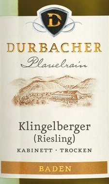 Этикетка ВИНО сортовое ординарное "Дюрбахер Баден Плауэльрайн Кабинет Рислинг" сухое белое креп 12,5%, емк  0.75л.