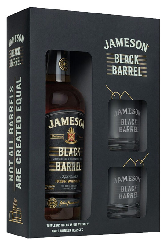 Виски ирландский купажированный  Джемесон Блэк Баррел, в наборе с двумя стаканами креп 40%, емк 0,7л