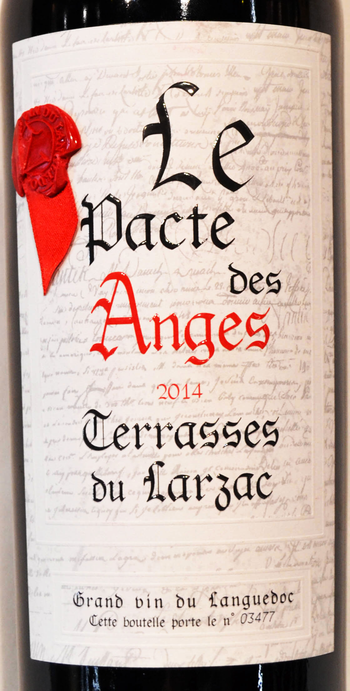 Этикетка Ле Пакте де Анж Террасес дю Ларзак 2014 г. красное сухое 0,75 л.